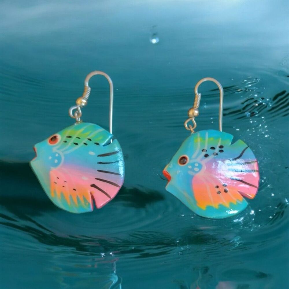 Vintage Wood Multicolor Fish Dangle Earrings Sea Life Retro Kawaii